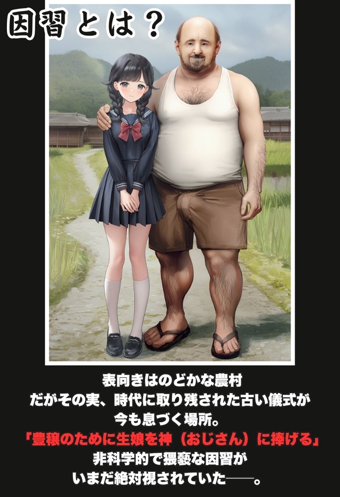【因習村】村の飢饉を救うため差し出された僕の彼女、BMI40越えの性欲だけはいっちょ前の種付けおじさんに媚薬を飲まされ、おじさん特有のねちっこい前戯で全身べちょべちょに舐められた挙げ句、聖なる肉棒（チンカス付き）の掃除を実施！その後は遂に処女おまんこにゴールイン！入念かつ丹念にがん突きにされ、イキまくりんぐ！一晩中汗だくで連続絶頂アクメを決めさせられた話 エロ同人誌画像 002