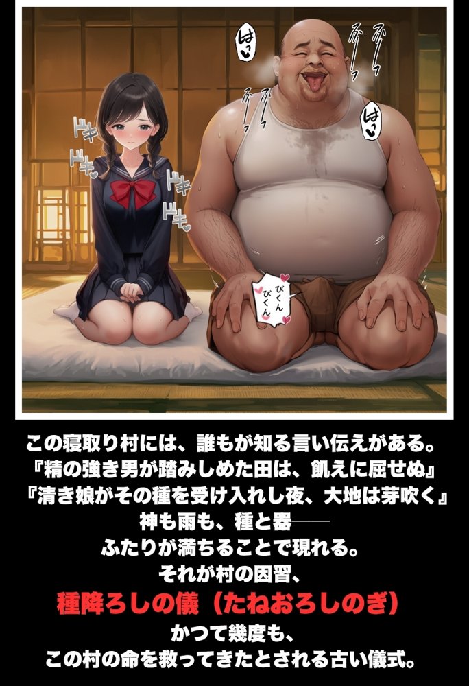 【因習村】村の飢饉を救うため差し出された僕の彼女、BMI40越えの性欲だけはいっちょ前の種付けおじさんに媚薬を飲まされ、おじさん特有のねちっこい前戯で全身べちょべちょに舐められた挙げ句、聖なる肉棒（チンカス付き）の掃除を実施！その後は遂に処女おまんこにゴールイン！入念かつ丹念にがん突きにされ、イキまくりんぐ！一晩中汗だくで連続絶頂アクメを決めさせられた話 エロ同人誌画像 003